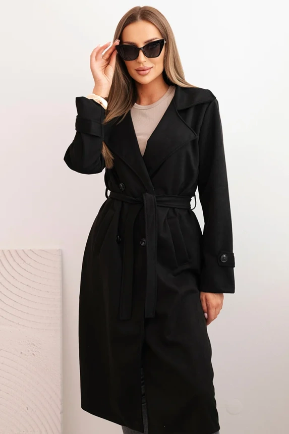 Women's suede coat tied at the waist with collar and buttons black