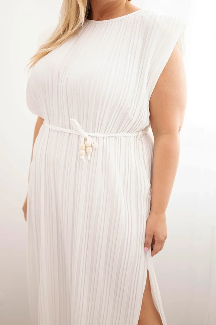 Women's plus-size viscose pleated dress with tie ecru