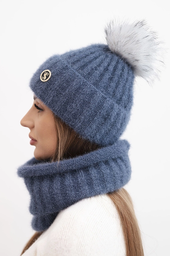 Damen Winterset mit Pompon und Jeansschal, jeansowy