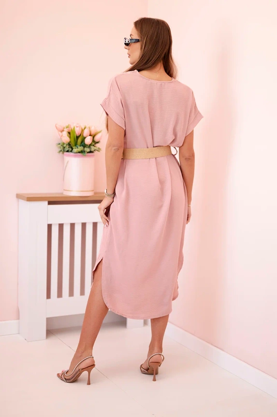 Dress with a decorative belt dark powdered pink