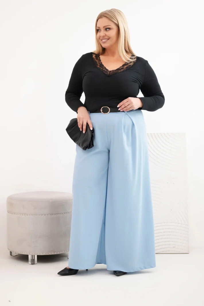 Dámské kalhoty Plus Size se širokou nohavicí a páskem modré