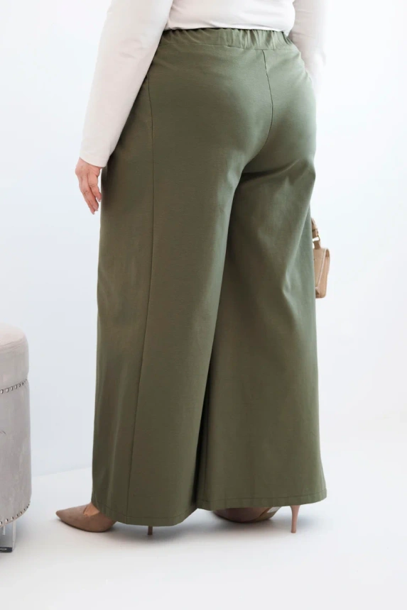 Dámské kalhoty Plus Size s širokými nohavicemi a plisováním khaki