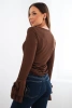Women's ribbed blouse with a V-neck and ruffles on the sleeves brown