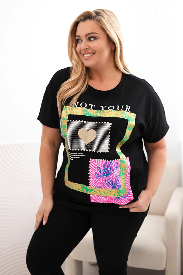 Bluzka damska bawełniana Plus Size ze złotym napisem czarny + zielony