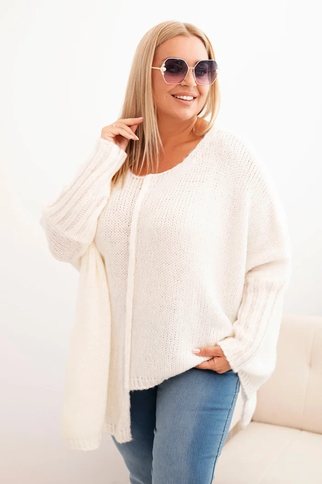 Sweter damska Plus Size z akrylem o luźnym kroju i rękawem 3/4 ecru