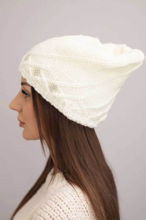 Women's winter wool hat with decorative rhinestones and woven pattern K396 ecru