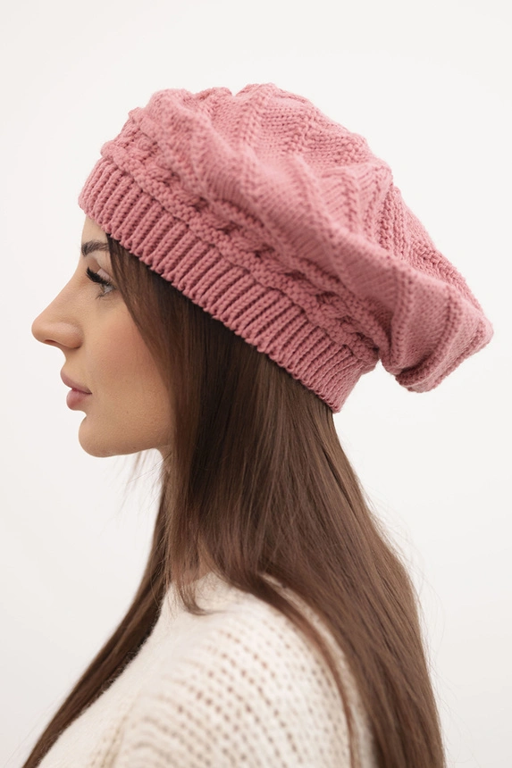 Women's winter wool hat with a loose fit and decorative weave K378 dark pink