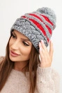 Damen Wintermütze gestrickt mit Pompom und Zopfmuster K466 grau
