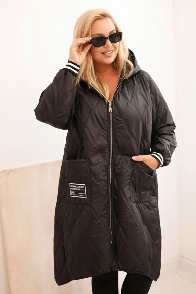 Plus Size women's quilted jacket with a hood and sporty cuffs black