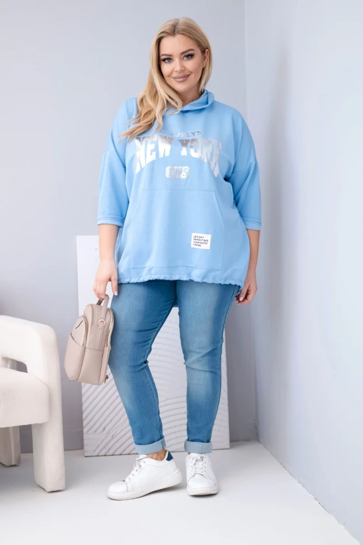 Damen-Hoodie Plus-Size aus Viskose mit Kapuze und Kängurutasche blau