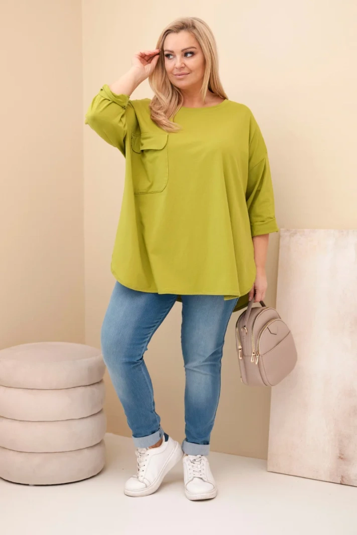 Damenbluse Plus Size aus Baumwolle mit Tasche und hochgekrempeltem Ärmel olivgrün