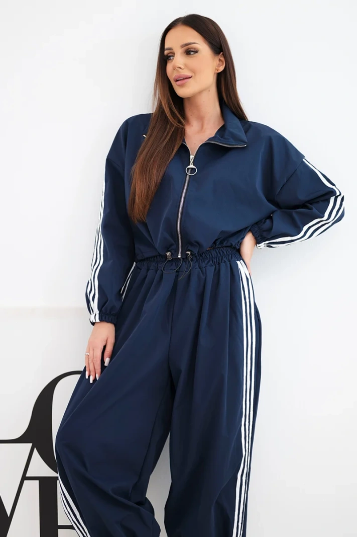 Damen Baumwollset mit Oversize-Hosen und kontrastierenden Seitenstreifen blau