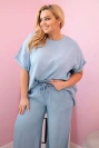 Dámská souprava Plus Size z tencelu halenka a kalhoty s vázáním světle džínový