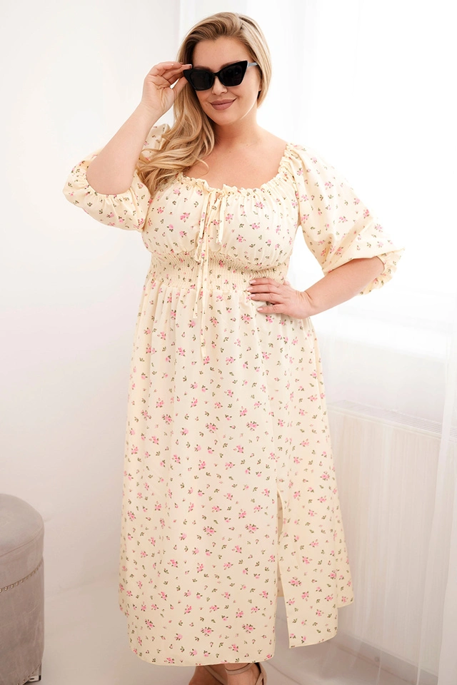 Sukienka damska Plus Size z dekoltem na troczki i elastyczną talią żółta