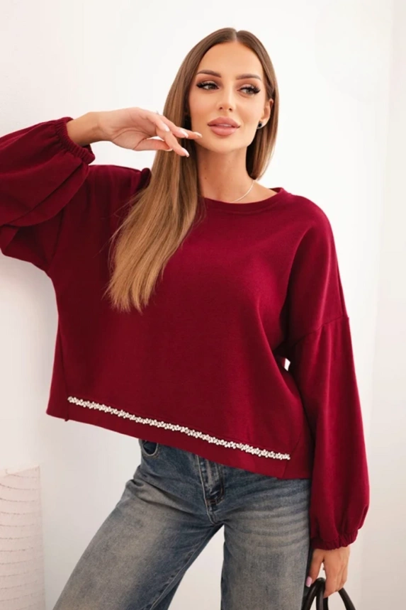 Damenpullover mit dekorativem Abschluss unten bordeaux