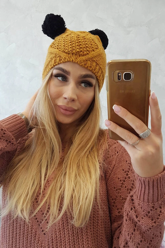 Cap with fleece 2 pompoms K291 mustard
