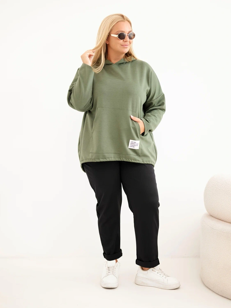 Moteriškas Plus Size veliūrinis džemperis su gobtuvu ir kišene kanguru khaki