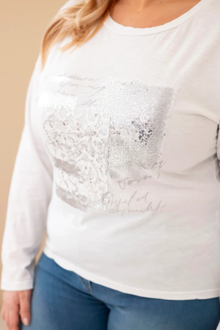 Damenbluse Plus Size mit Druck und längerem Rücken weiß