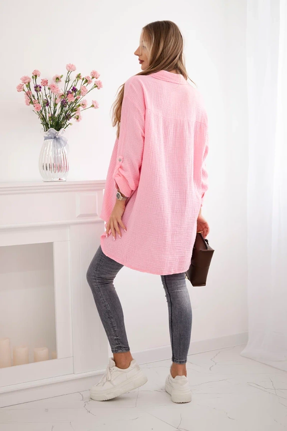 Bavlnená mušelínová košeľa Plus Size cukríková ružová