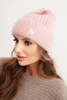 Women's winter hat made of fluffy knit with an elegant button powder pink