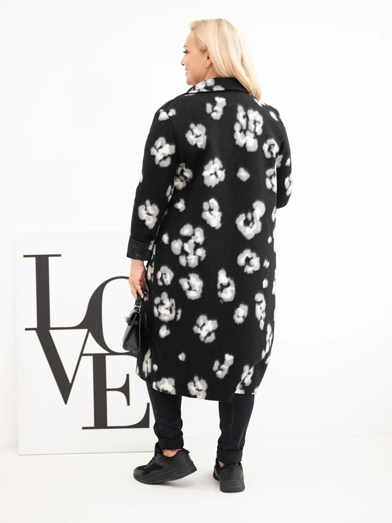 Eleganter Damenmantel Plus Size mit Revers in Leopardenmuster schwarz