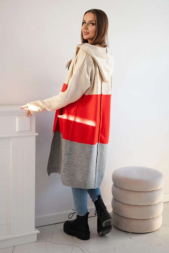 Striped hooded cardigan sweater beige+red+grey