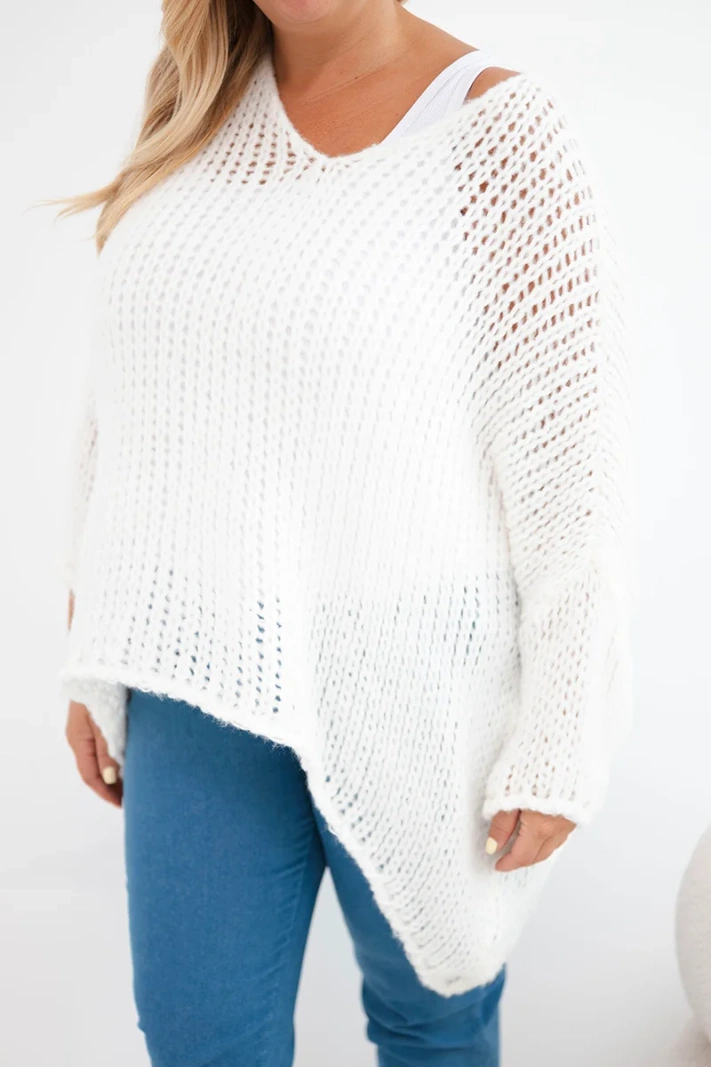 Damen Strickpullover oversized mit V-Ausschnitt und längerem Rücken ecru