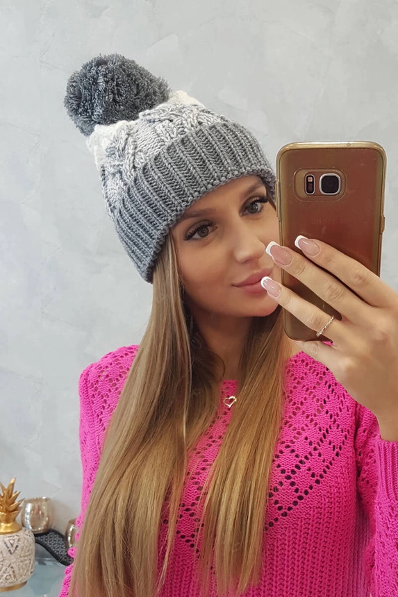 Dámská čepice s bambulí Abigail K326 šedá+bílá