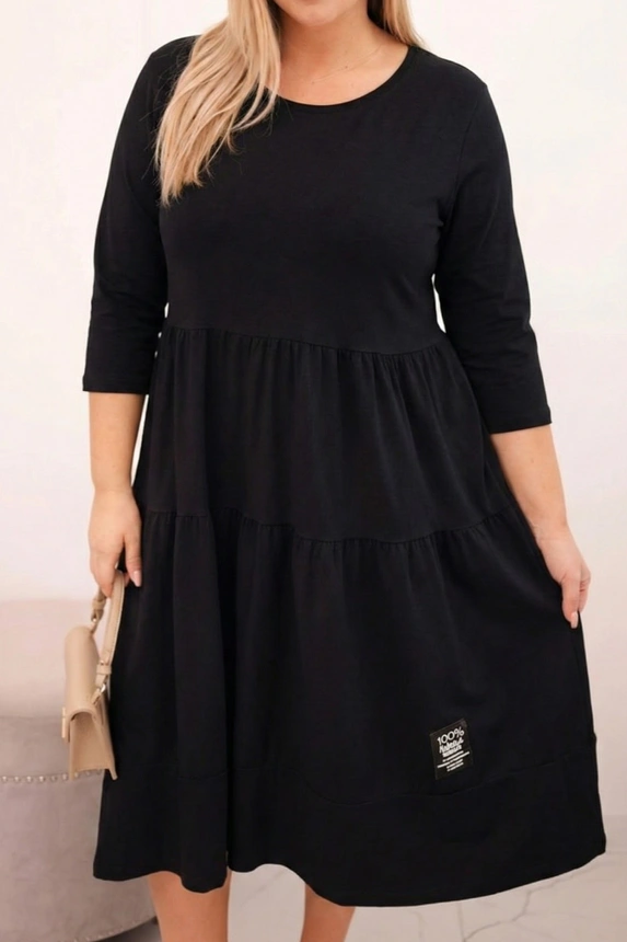 Plus Size women's cotton dress with frills and rolled-up sleeves black