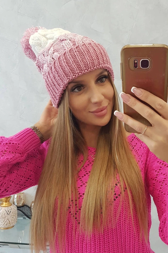 Dámská čepice s bambulí Abigail K326 powder pink+ecru