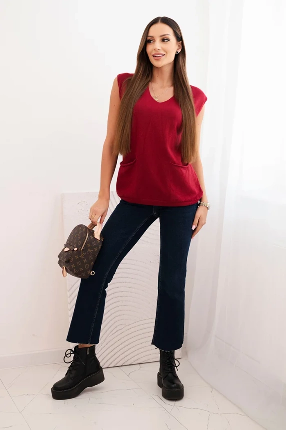 Women's sleeveless viscose sweater with pockets and a V-neck burgundy