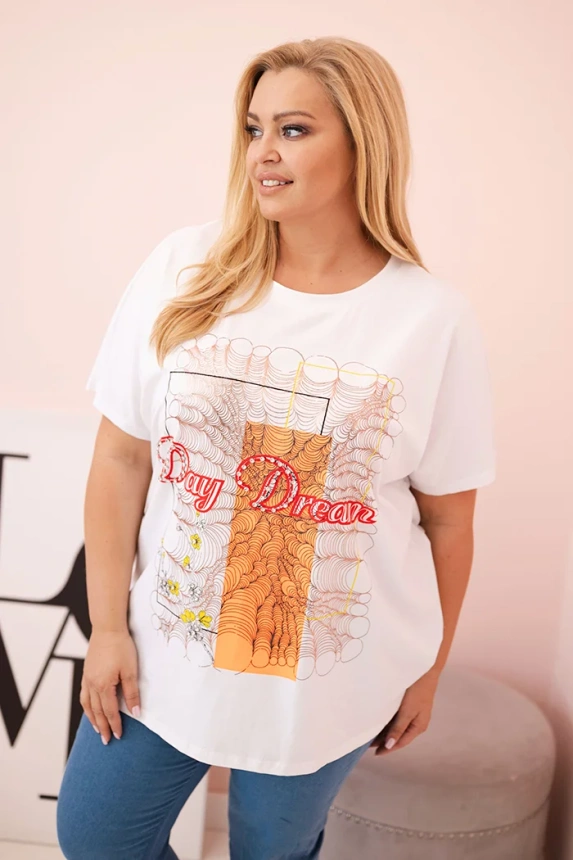 Damen Plus Size Baumwollbluse mit „Day Dream“-Print weiß + orange