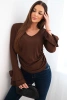 Women's ribbed blouse with a V-neck and ruffles on the sleeves brown