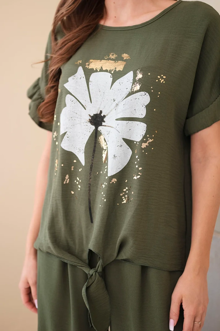 Damen-Set aus Viskose mit bedruckter Bluse und Hose khaki