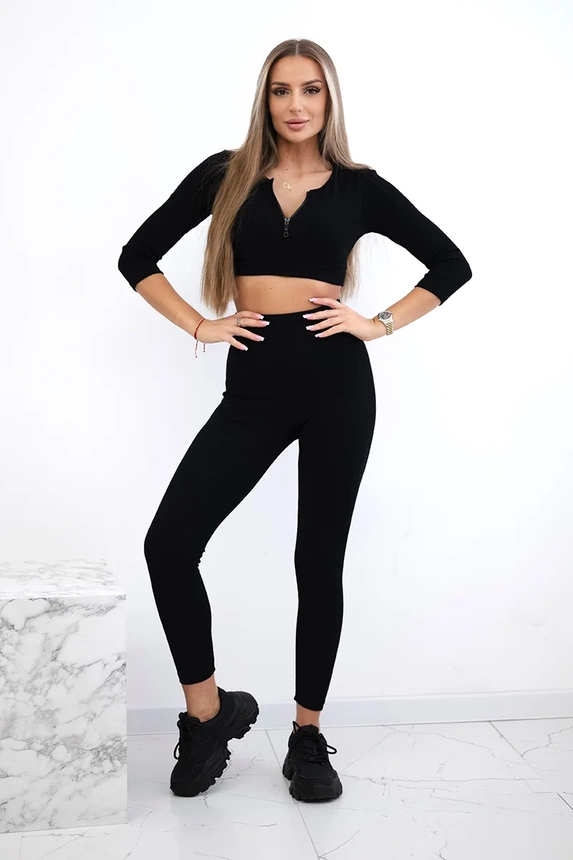 Rebrovaný crop top set čierna