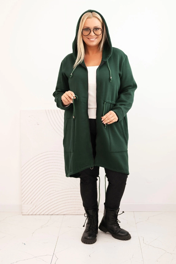 Bluza damska ocieplana Plus Size z kapturem i kieszeniami ciemno zielona