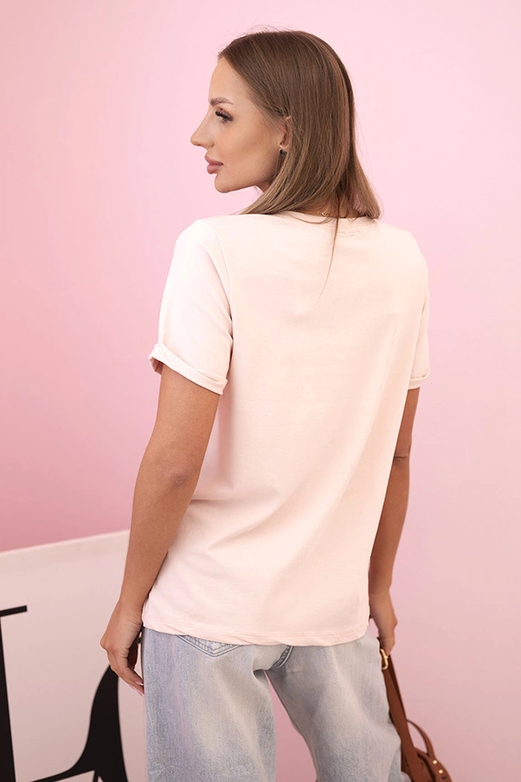 Women's ribbed blouse with a V-neck and short sleeves beige