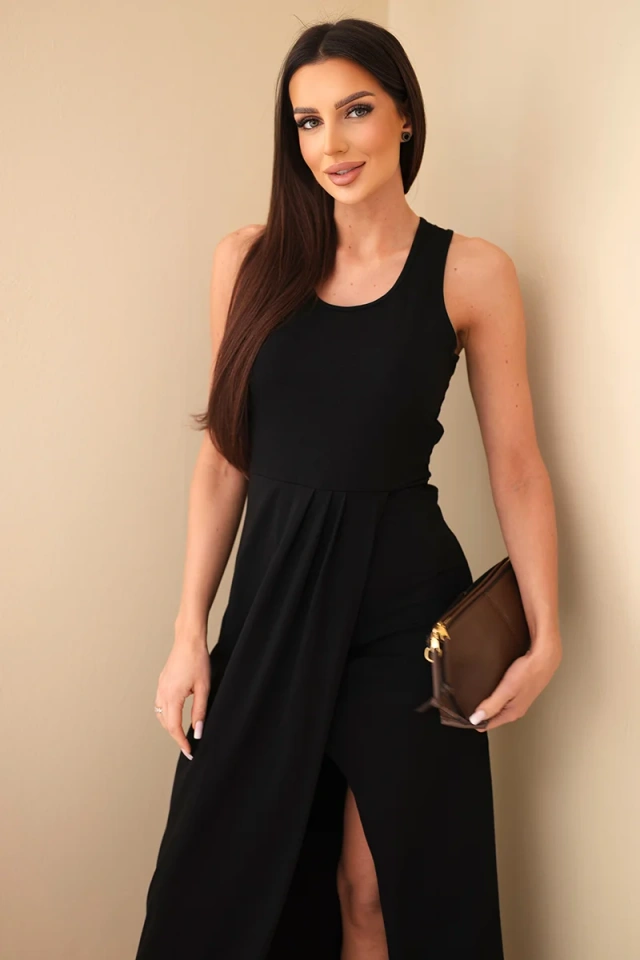 Damen-Baumwoll-Midikleid ärmellos mit Raffung schwarz