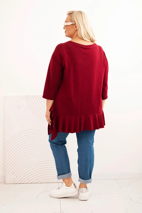 Dámská blůza Plus Size s bavlnou, volánem a ohrnovacími rukávy bordová