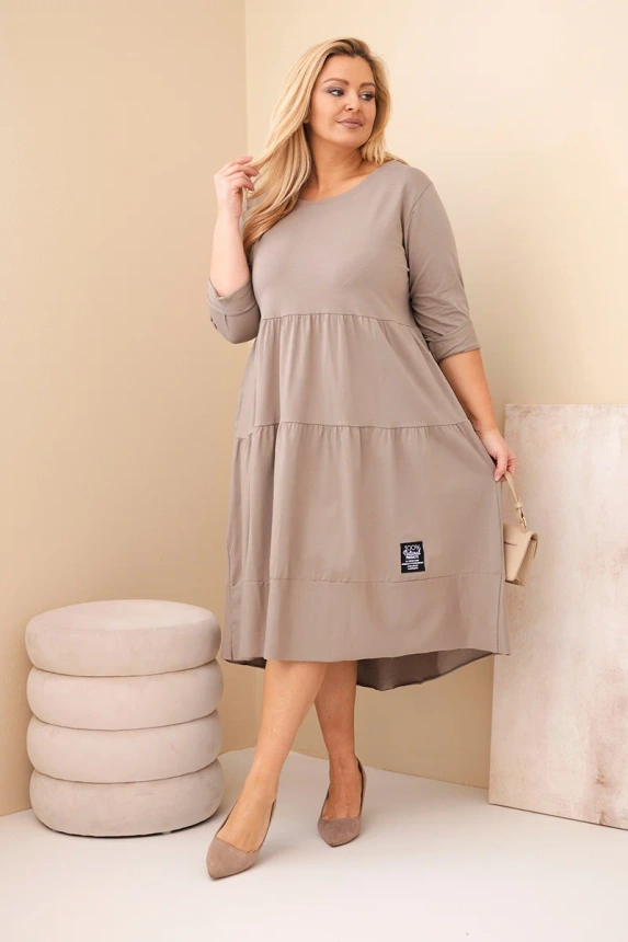 Damenkleid aus Baumwolle in Übergröße mit Rüschen und umgeschlagenem Ärmel fango