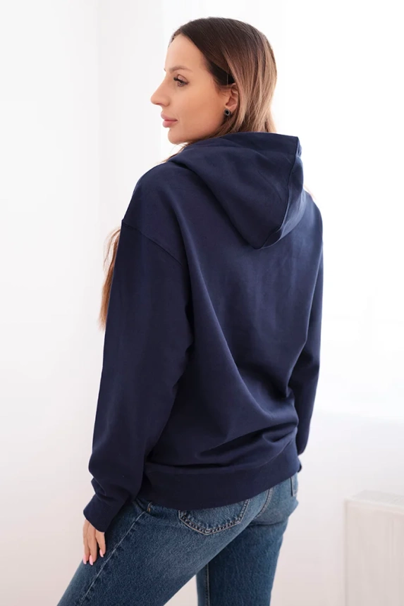 Women's cotton looped sweatshirt with a hood and kangaroo pocket navy blue