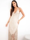 Women's viscose maxi dress with lace and V-neck beige