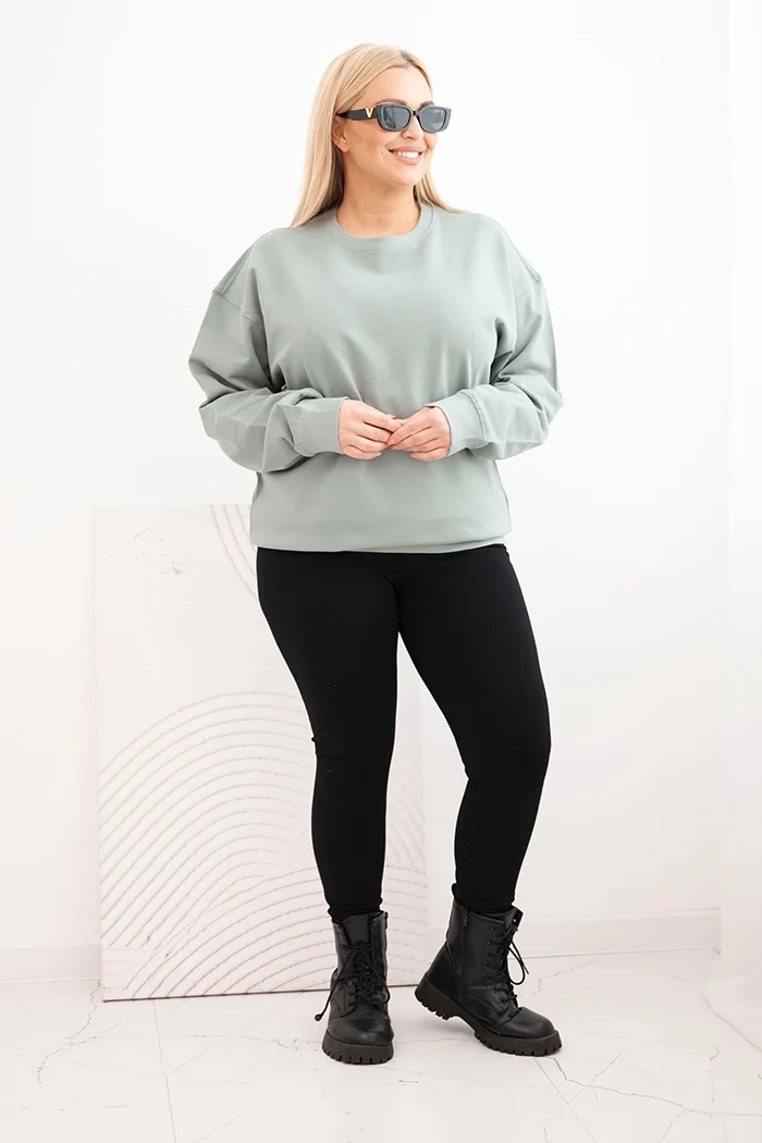 Moteriška plus size medvilninė bazinė džemperis su apvaliu iškirpimu tamsiai mėtų