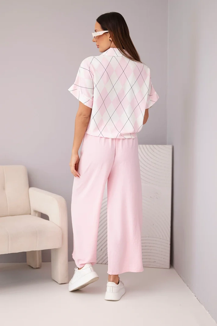 Women's set viscose shirt with tie and pants with elastic powder pink