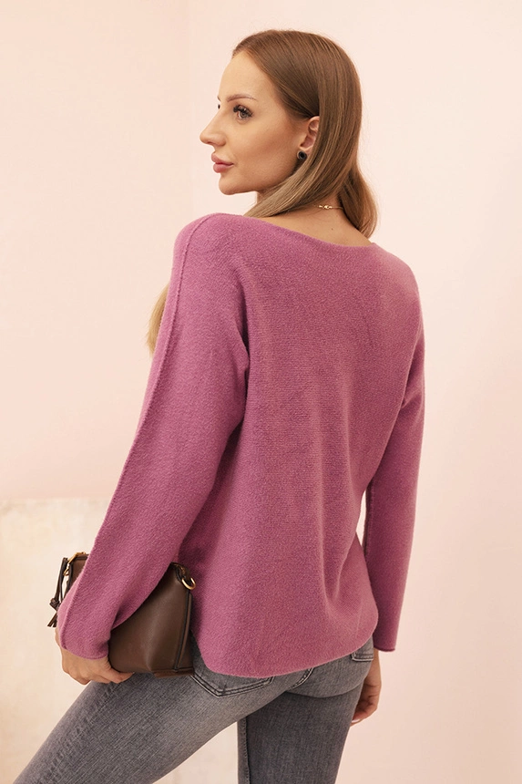 Women's sweater with viscose and V-neck dark pink