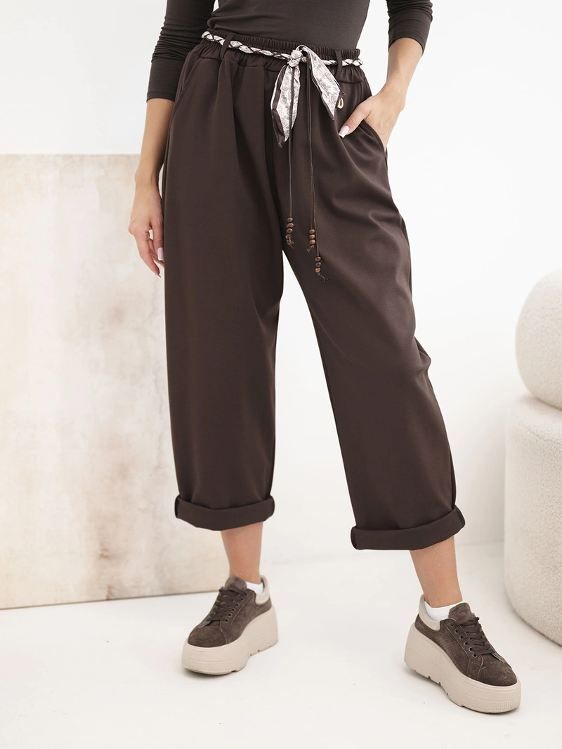 Trousers women's viscose loose with binding brown