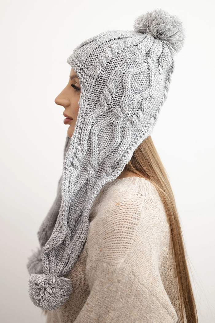 Women's winter wool hat with pom-poms and extended sides K448 gray