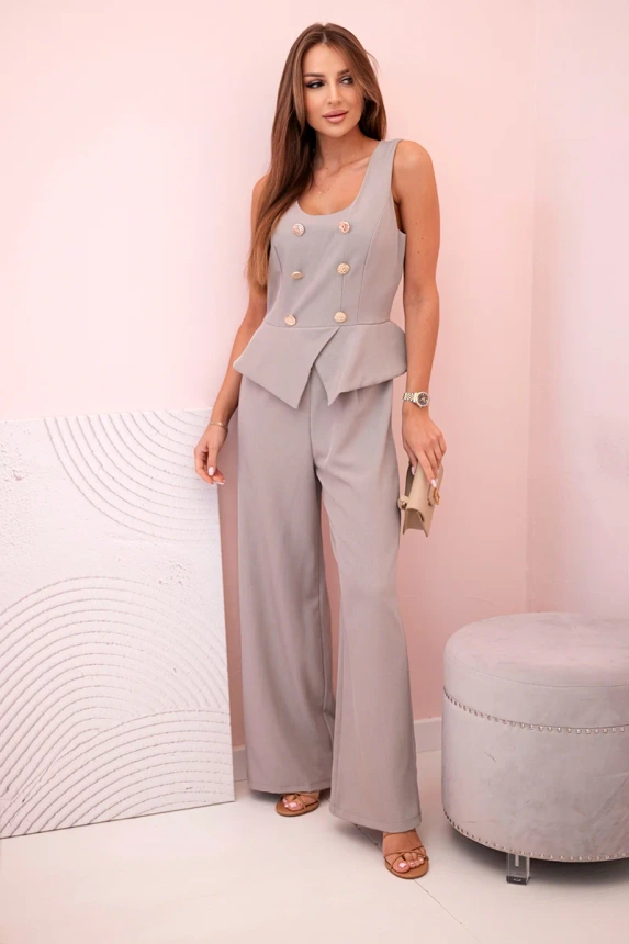 Ärmelloser Damen-Jumpsuit mit weitem Bein und dekorativen Knöpfen Dunkelbeige