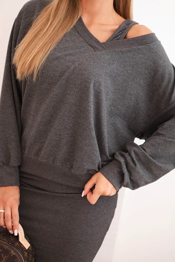 Bluse + gestreiftes Kleid Set Graphit