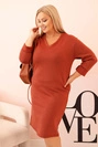 Moteriška suknelė Plus Size su V formos iškirpte ir rankovėmis, rudą masełkową